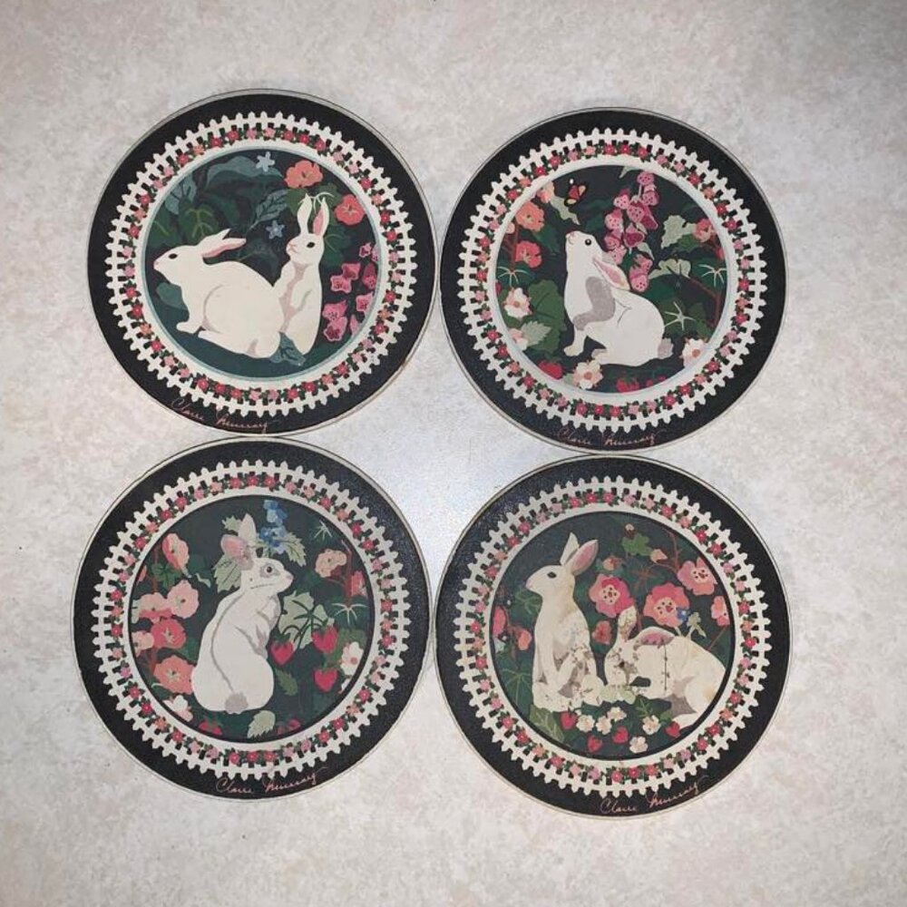 Set of 4 matching ceramic bunny coasters; cork backs; like new condition